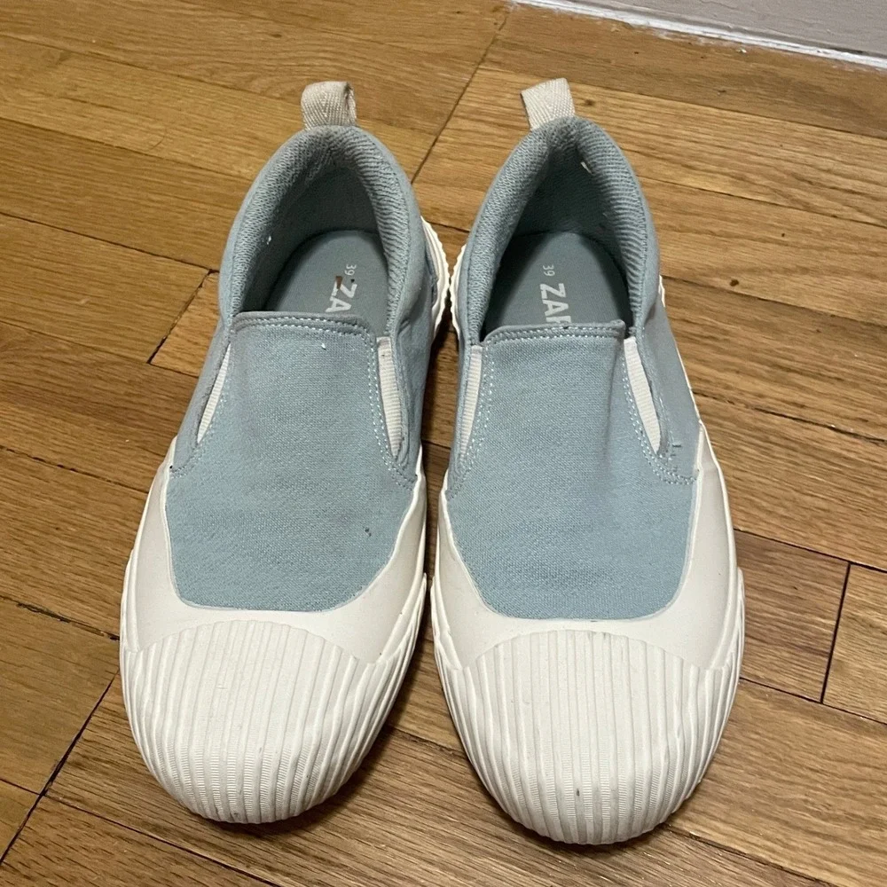 Zara‎ SRPLS Light Blue Canvas Slip On Sneakers Textured Cap Toe Shoes 39